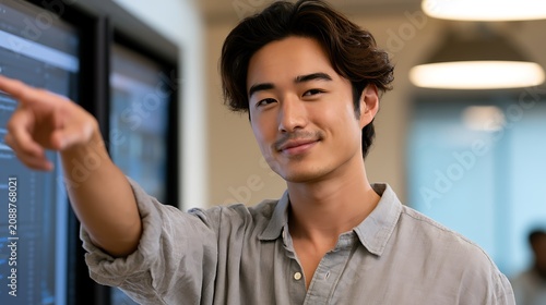 Young man smiling and pointing at screen in modern office environment with charts