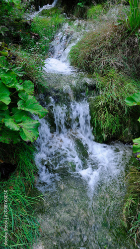 Forest waterfall spilling from multiple levels into pond surrounded by greenery
