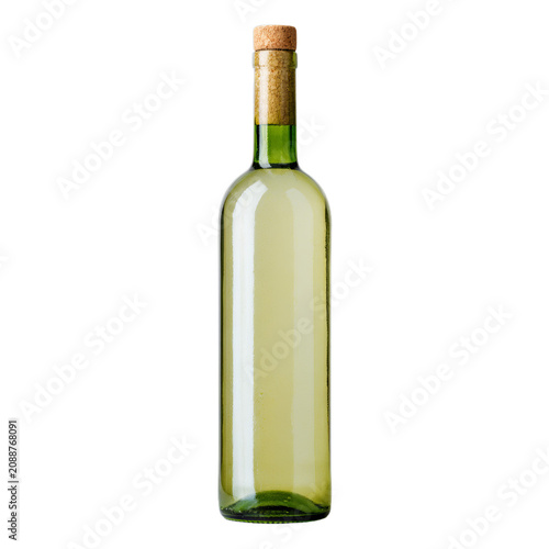 Generic green glass bottle of dry white wine with a plain cork. Isolated white background. Png format