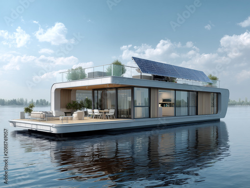 Modern luxury houseboat floating on calm lake with solar panels