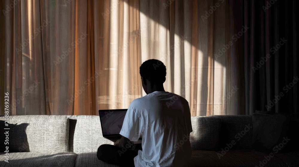 Fototapeta premium Back view of man working on laptop by window.