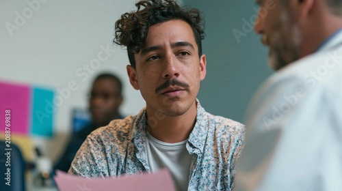 Young man with curly hair and a mustache sitting in a meeting room. he is wearing a white t-shirt with a floral pattern and appears to be deep in thought.