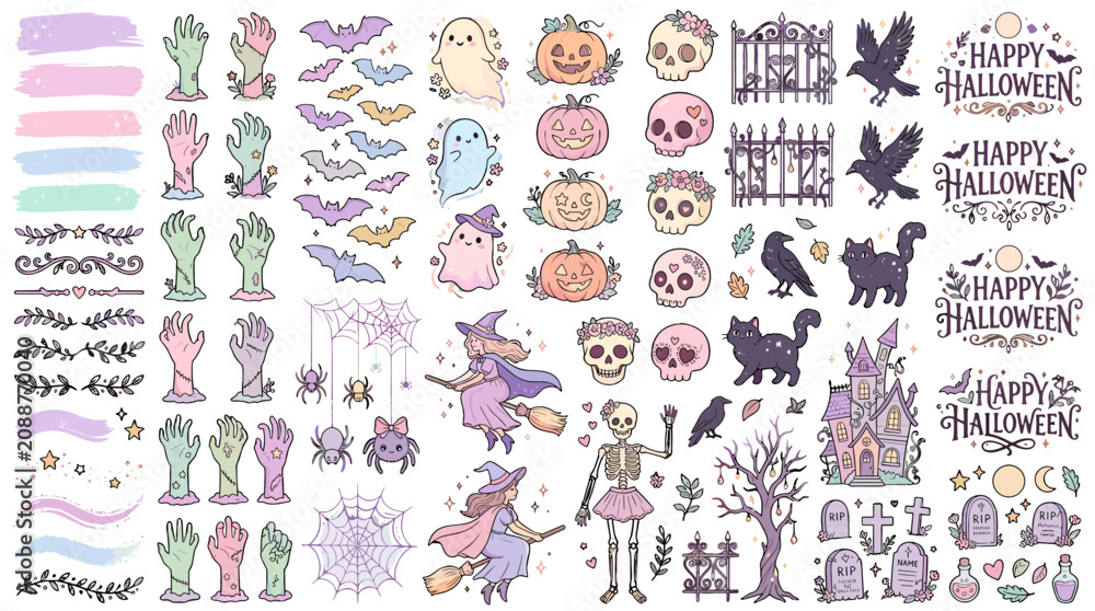 Naklejka premium Collection of cute halloween themed illustrations including pumpkins ghosts bats and witches