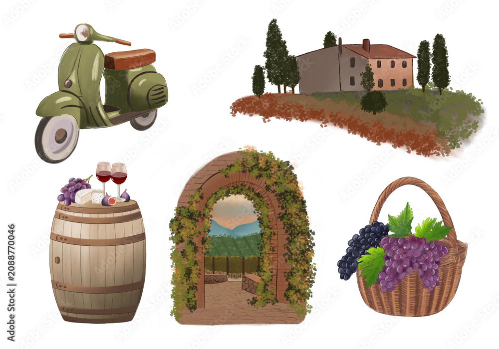 Obraz premium Tuscany travel and winemaking hand drawn digital illustration set. Vintage motor scooter, farmhouse, wine barrel with glasses, stone archway, and grape basket isolated on white background.