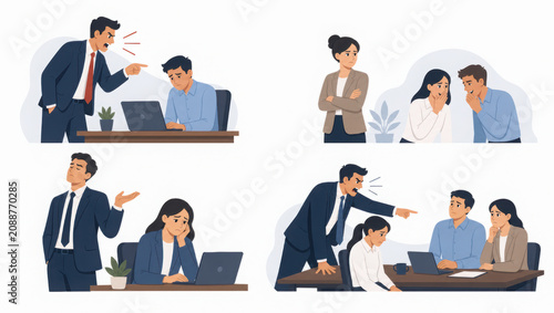 Boss scolding employee, woman gossiping, man shrugging, angry manager blaming team, office stress, negative emotion, workplace conflict