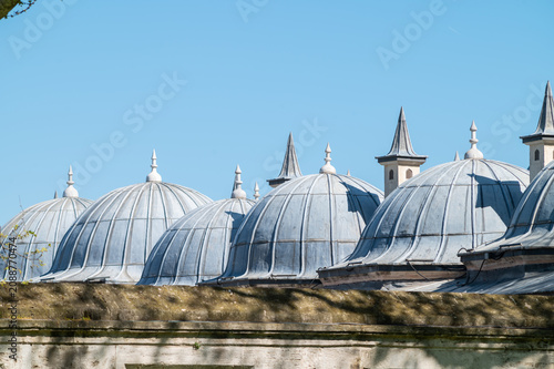 Horizontal photo of multiple ottoman tradiciontal architecture of blue domes and chimneys.