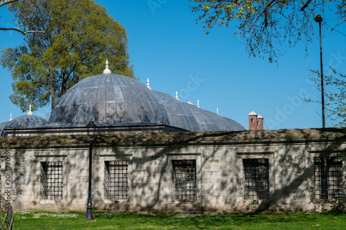 Horizontal photo of multiple ottoman tradiciontal architecture of blue domes and chimneys.