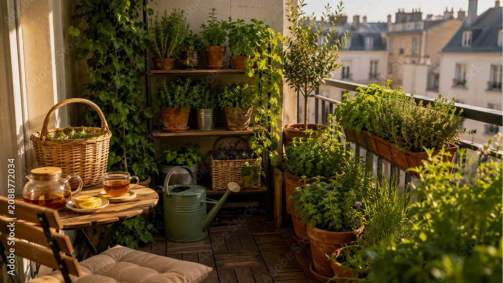 Fototapeta premium Serene Urban Balcony Garden Filled with Potted Herbs, Rustic Wicker Basket, and Warm Cup of Tea on Sunny Afternoon Overlooking Beautiful Cityscape Architecture