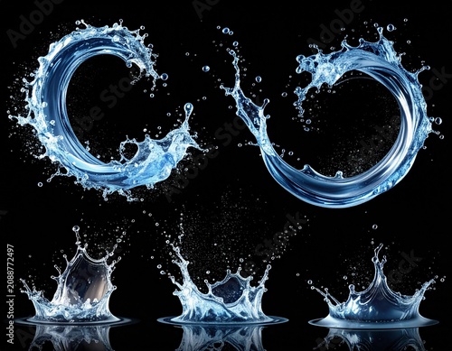 スプラッシュする水しぶきのエフェクト素材　半円の水エフェクト　黒背景