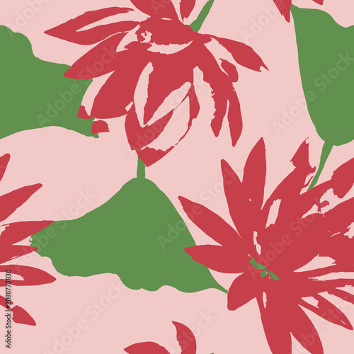 Seamless floral pattern with red lotus flowers and green leaves seamless botanical background wallpaper repeating illustration