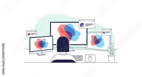 Professional multitasking at a desk with multiple computer screens displaying creative designs, data visualizations, and digital content.