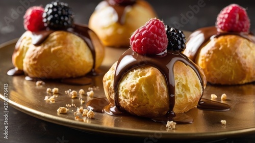 Close up of profiterole with creamy filling topped with glossy chocolate sauce and fresh berries. Rich dessert texture, gourmet patisserie concept.
