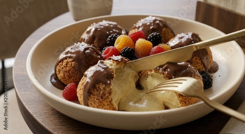 Chocolate glazed profiteroles filled with vanilla cream, served with fresh berries. Close up dessert scene with rich texture, elegant plating and gourmet presentation.