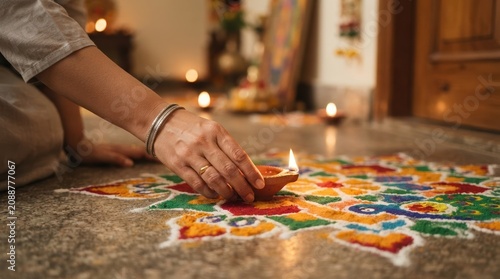 Indian woman placing lit diya oil lamp on colorful rangoli floor art for traditional festival celebration