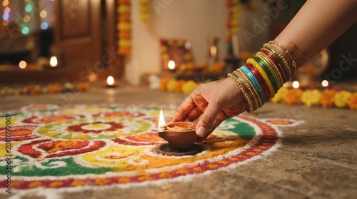 Indian woman hand placing lit diya lamp on colorful rangoli floor art for traditional festival celebration