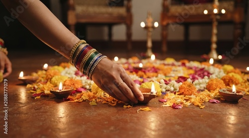 Indian woman placing lit diya lamp on floral rangoli floor decoration for traditional festival celebration