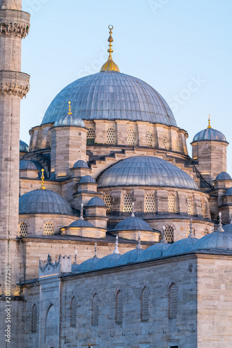 Vertical photo of an ottoman mosque facade with ther domes and minaret.