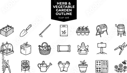 Herb and Vegetable Garden Outline Icon Set with Raised Bed, Seed Packet, Harvest Basket and Rain Barrel, 20 Icons Editable Strokes