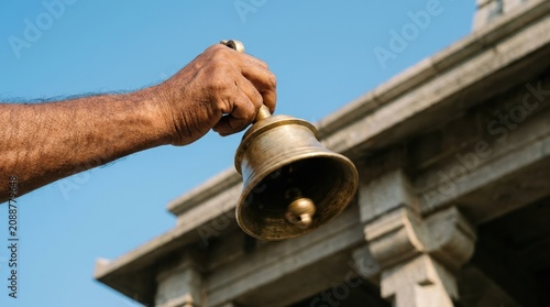 Hand ringing a traditional brass bell at a Hindu temple entrance for prayer and spiritual ritual practice