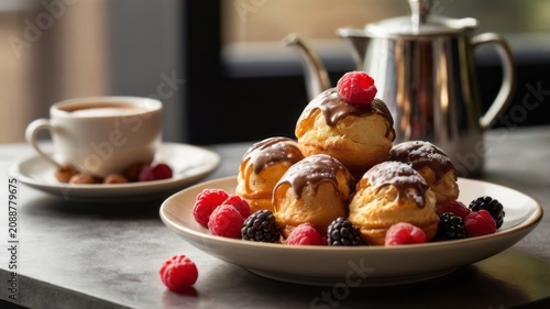Chocolate glazed profiteroles filled with vanilla cream, served with fresh berries. Close up dessert scene with rich texture, elegant plating and gourmet presentation.