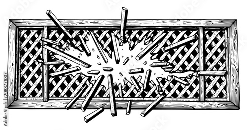 Photos Exploding wooden lattice fence vector illustration, shattering timber frame and