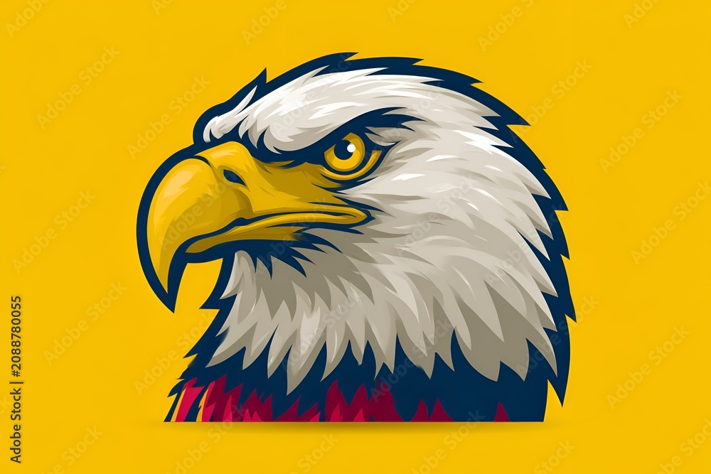 Fototapeta premium Stylized head of a powerful bald eagle mascot with a determined expression on a vibrant yellow background, perfect for a sports team or brand logo