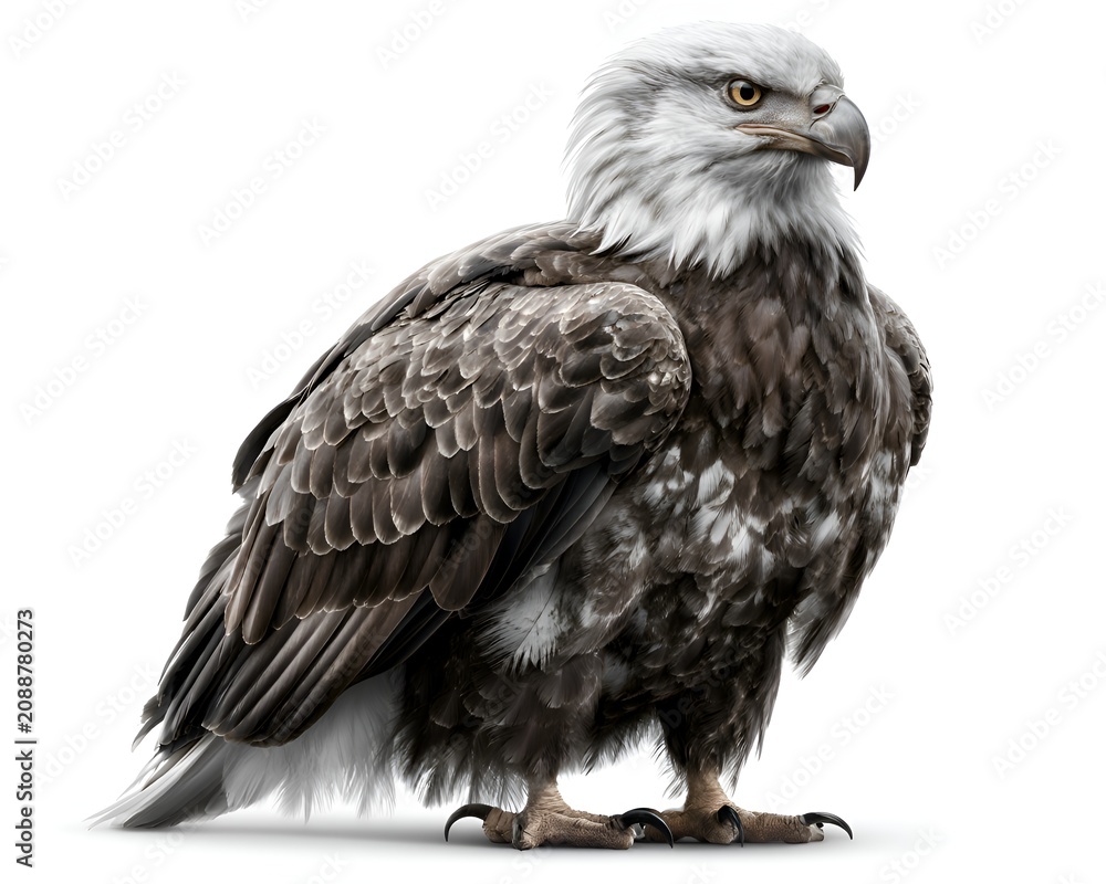 Obraz premium Majestic eagle with white head and brown feathers standing gracefully against a pure white background