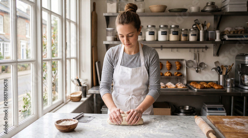 Young female artisan baker kneading fresh bread dough on marble countertop in professional kitchen