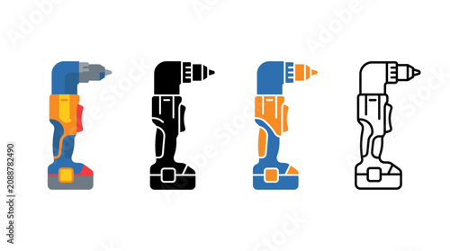 Right Angle Drill Power Tool Icon in Flat, Silhouette, Outline and Glyph Design