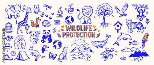 Photography Wildlife Protection Illustration: A vibrant doodle-style illustration celebrating wildlife protection, featuring a diverse collection of animals, plants, and environmental symbols