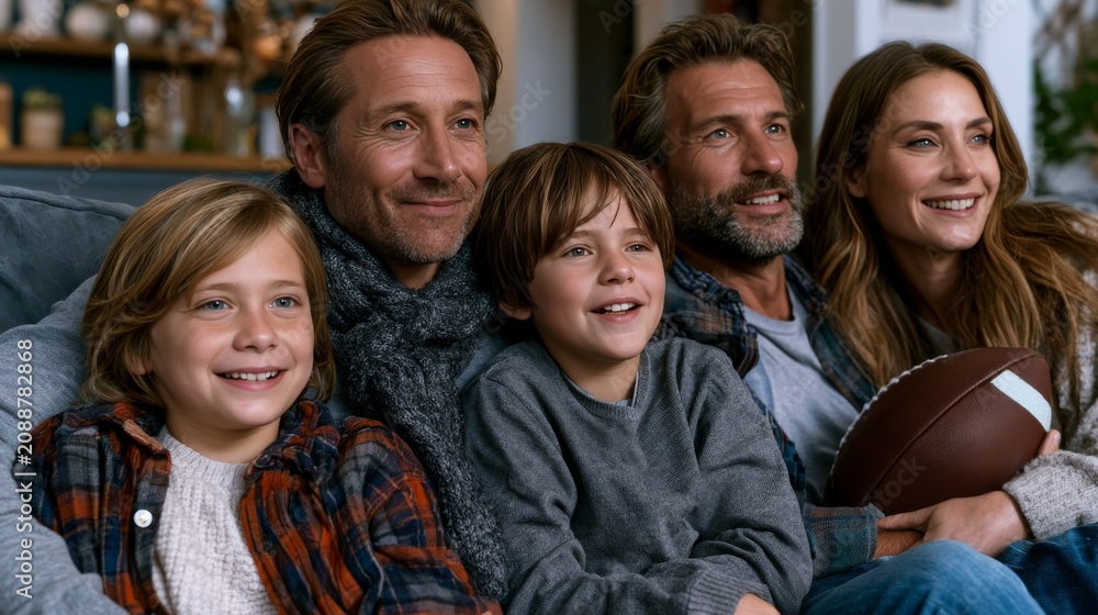 Fototapeta premium Happy family watching football game together on the couch