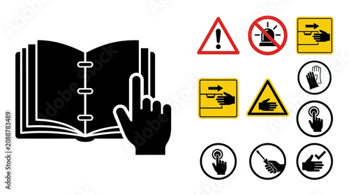Instructional manual and safety icons vector set. User guide, warning signs, and hand gesture symbols for operational instructions.