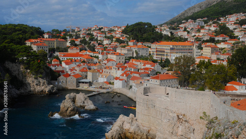 Panoramic view of Dubrovnik, Croatia, oceanside, partial stone wall of the city
