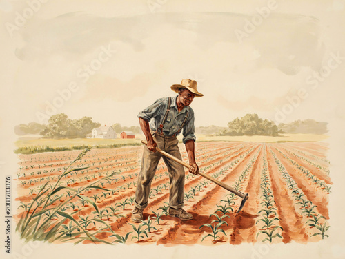 vintage lithograph: black sharecropper/farmer hoeing corn field