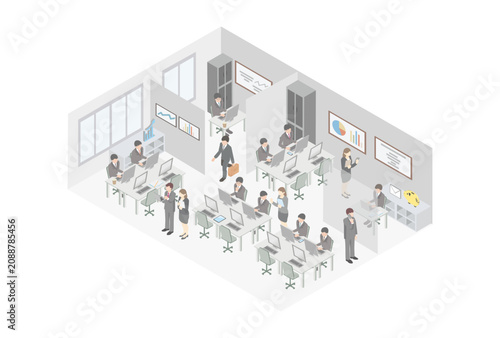 Isometric office vector illustration with business people working at desks. Concept of corporate workflow, teamwork, and modern workplace.