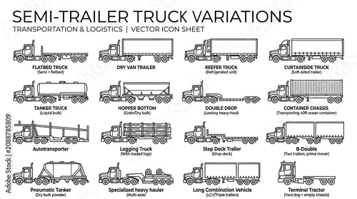 Konstfotografi Semi-Trailer Truck Variations: Transportation and Logistics Vector Icons
