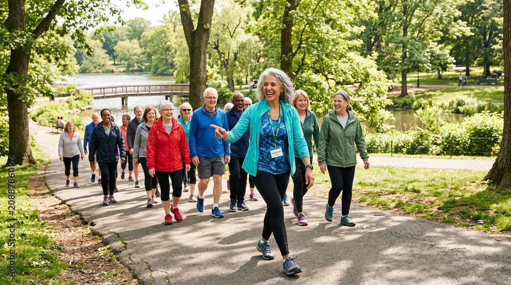 Fototapeta premium Diverse group of seniors enjoying a brisk walk in a sunny park