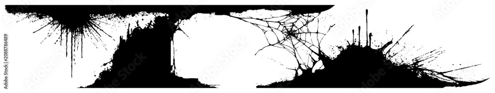 Fototapeta premium Spooky Halloween Frame with Spider Webs and Ink Splatters, Gothic Cave Border with Cobwebs, Grunge Dark Graphic Element Vector