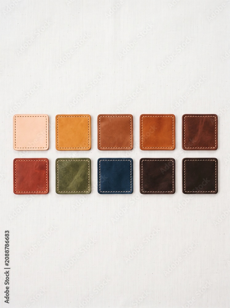 Fototapeta premium Colorful leather swatches arranged in grid on neutral background 
