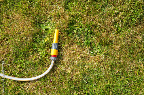Garden hose spray nozzle lying on dry backyard lawn with copy space