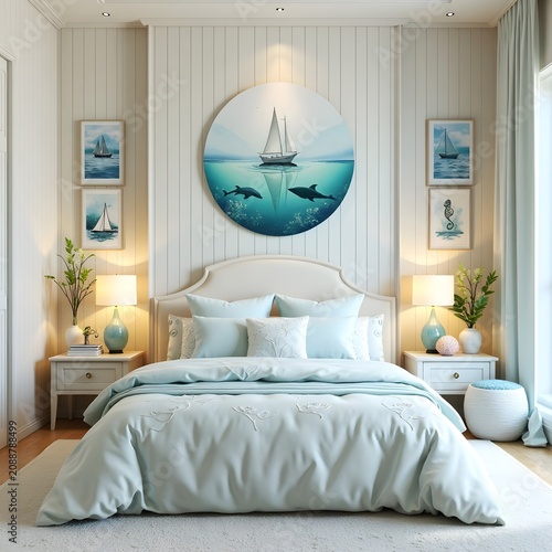 A serene, coastal-themed bedroom, decorated in natural and delicate colors white, light blue.