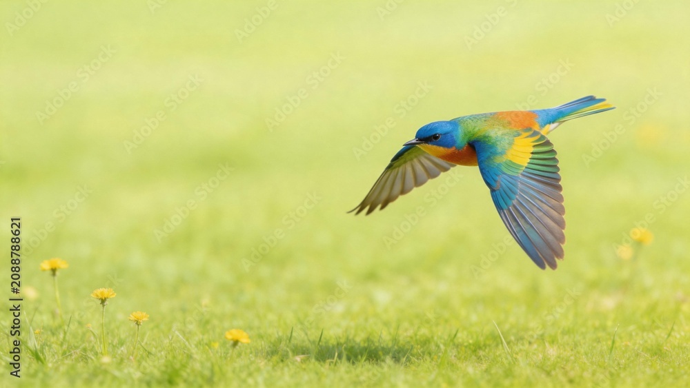 Obraz premium Colorful bird in flight over grass