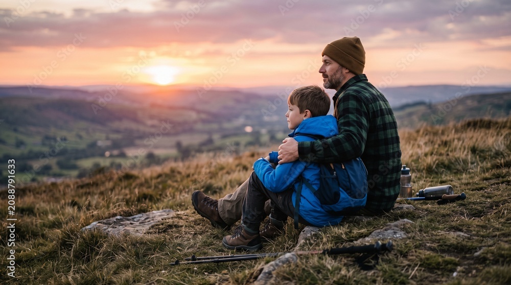 Fototapeta premium Father and son enjoying a scenic sunset view during a hiking trip in the mountains