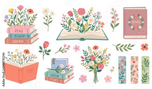 Tableau sur toile Books with flowers vector set featuring blooming literary volumes and botanical