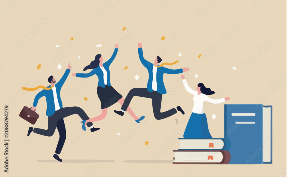 Obraz premium Employee handbook, manual for onboarding new staff, procedure or rule for welcome new hire know company, business manual for success concept, businessman hand holding handbook books new employees