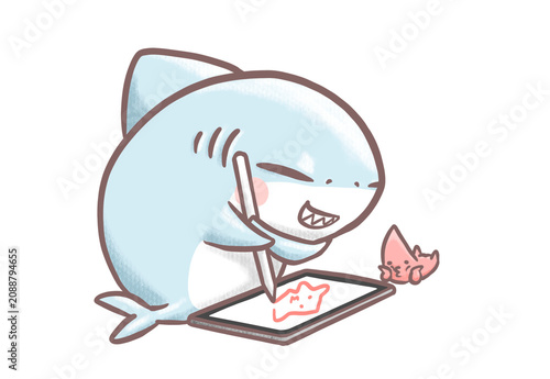 Cute baby shark drawing on a tablet with stylus pen