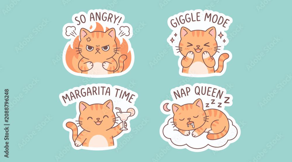 Obraz premium Set of Cute Cartoon Cat Stickers Illustrating Various Daily Emotions and Activities for Expressive Digital Communication