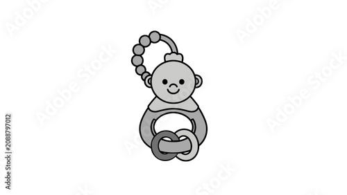 Canvas Print Vector illustration of a baby rattle in gray tones, featuring a cute monkey face and attached rings, designed as an icon or symbol for infant products or childcare