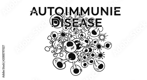 Foto Line art illustration of cells and pathogens with the text Autoimmune Disease