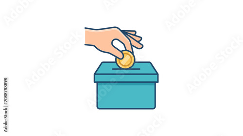Hand dropping coin into donation box, charity concept